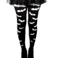 Women's Gothic Black Tights with White Bats Print
