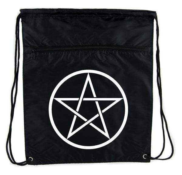 White Woven Pentacle Cinch Bag Drawstring Backpack Witch Occult