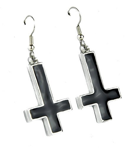 Inverted Cross Earrings with Black Inlay Occult Metal Jewelry Cosplay
