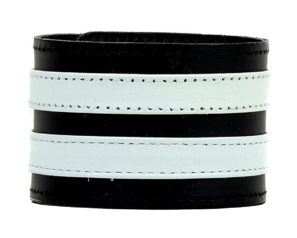 Double White on Black Strip Leather Wristband Bracelet Cuff 1-3/4" Wide