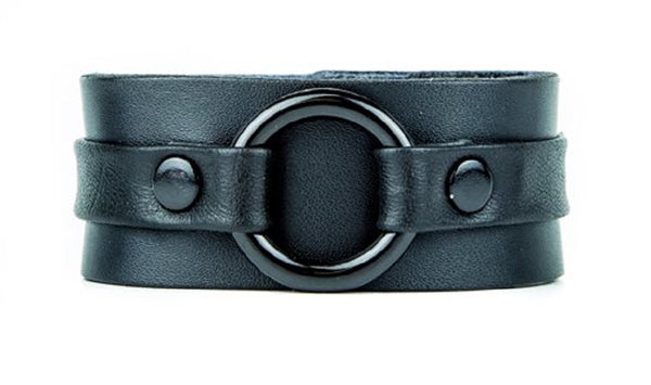 All Black Strip w/ Black O-Ring Leather Wristband Bracelet Cuff 1-1/4" Wide