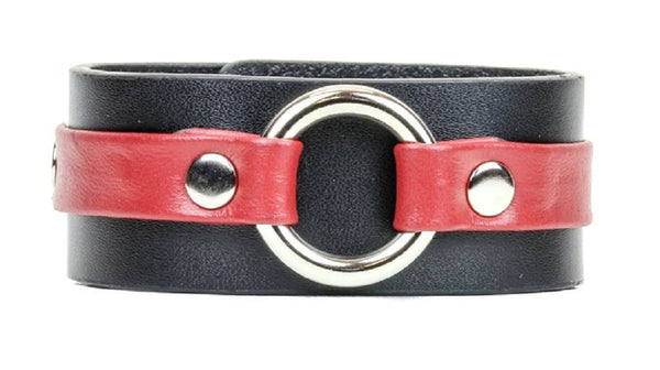 Red on Black Strip w/ O-Ring Leather Wristband Bracelet Cuff 1-1/4" Wide