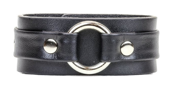 Black on Black Strip w/ O-Ring Leather Wristband Bracelet Cuff 1-1/4" Wide