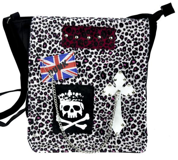 Pink & White Leopard Velvet Punk Sling Bag Messenger Purse Gothic Deathrock