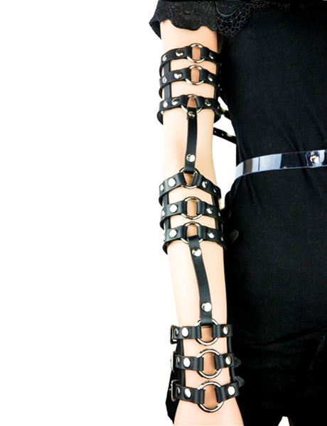 Gothic Black Leather Triple Stappy & O-Ring Wrist Bracelet Arm Harness