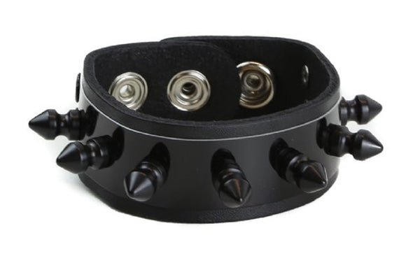 Black Metal Plate w/ Spikes Leather Wristband Bracelet Cuff 1" Wide