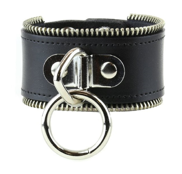Hanging O-Ring & Zipper Trim Leather Wristband Bondage Bracelet 2" Wide