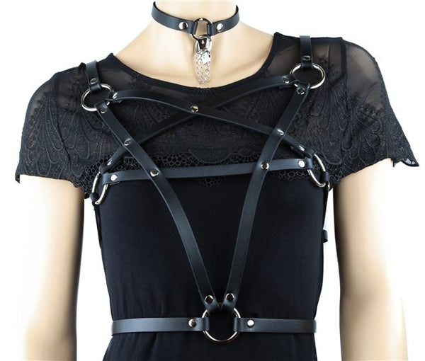 Pentagram Black Leather Women's Fashion Harness w/ O-rings