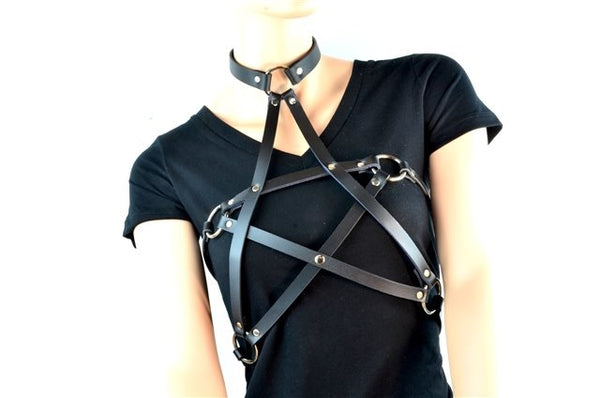Pentagram Black Leather Women's Fashion Harness Choker w/ O-rings