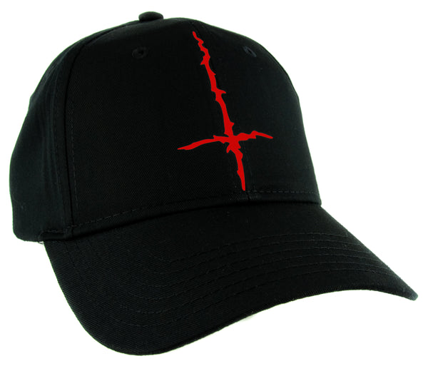 Red Inverted Cross Cuff Hat Baseball Cap Black Metal Occult