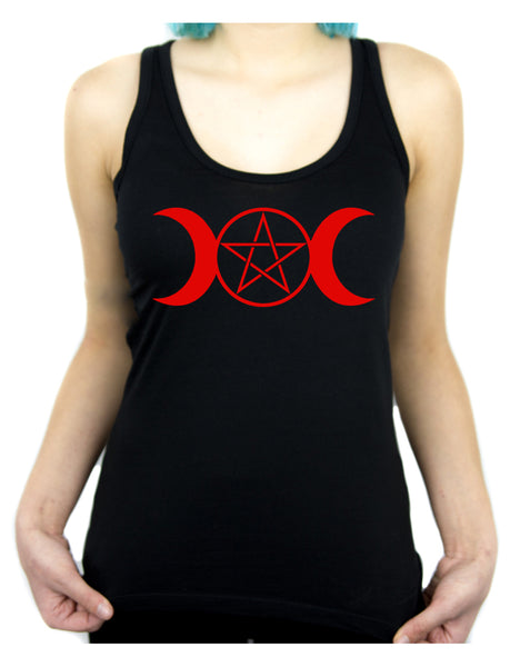 Red Triple Moon Goddess Pentagram Racer Back Tank Top Shirt Witchy