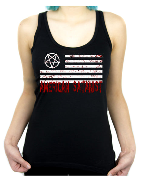 American Satanist Bloody Flag Pentagram Racer Back Tank Top Shirt Hail Satan Occult Clothing