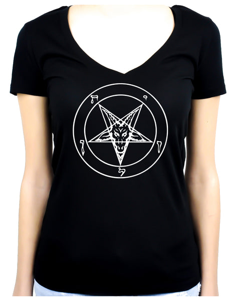 White Baphomet Inverted Pentagram Women's V-Neck Shirt Top Occult
