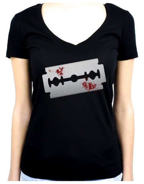 Bloody Razor Blade Women's V-Neck Shirt Top Suicide Prevention Awareness
