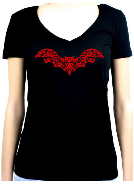 Wrought Iron Red Vampire Bat Women's V-Neck Shirt Top Gothic Clothing