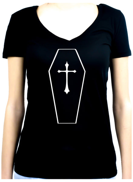 Toe Pincher Coffin w/ Cross Women's V-Neck Shirt Top Gothic Clothing