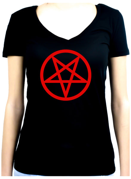 Red Inverted Pentagram Women's V-Neck Shirt Top Occult Clothing