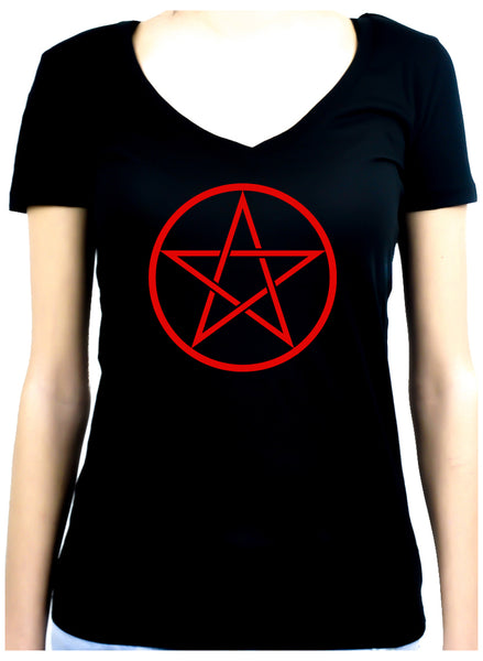 Red Woven Pentacle Women's V-Neck Shirt Top Witchy Clothing
