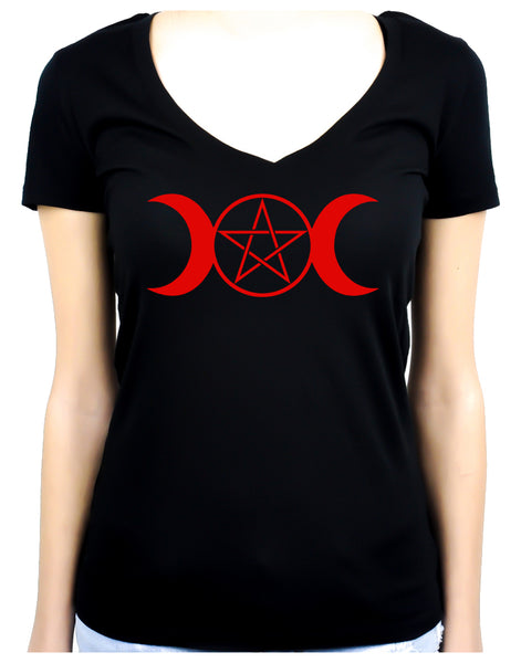 Red Triple Moon Goddess Pentagram Women's V-Neck Shirt Top Witchy Clothing