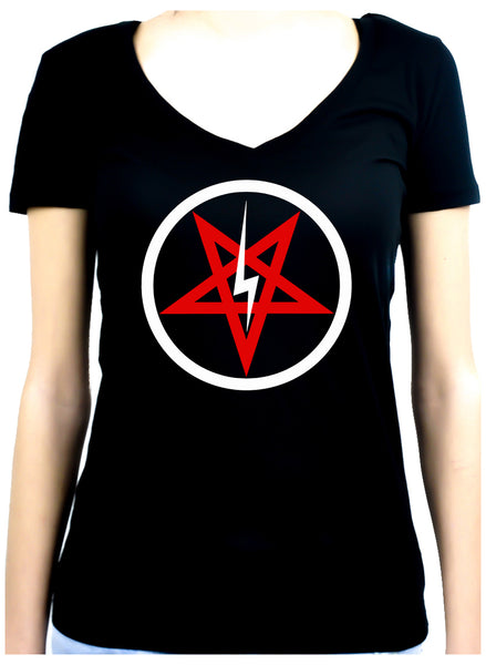 Inverted Pentagram Lightning Bolt Women's V-Neck Shirt Top Occult Clothing