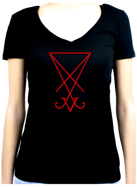 Red Sigil Of Lucifer Women's V-Neck Shirt Top Occult Clothing