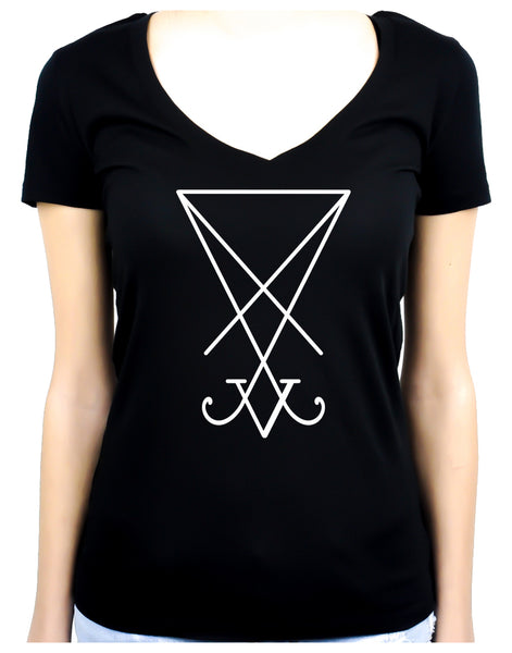 White Sigil Of Lucifer Women's V-Neck Shirt Top Occult Clothing