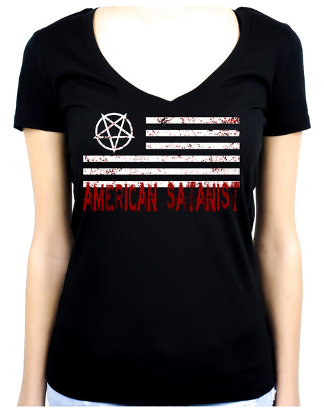 American Satanist Bloody Flag Pentagram Women's V-Neck Shirt Top Hail Satan Occult Clothing